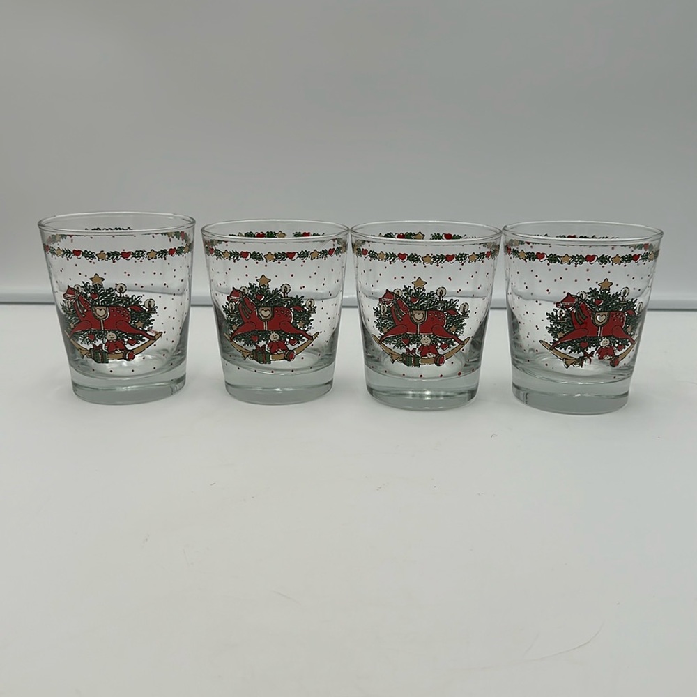 Set of Four Vintage Christmas Drinking Glasses Christmas Morning Rocking Horse